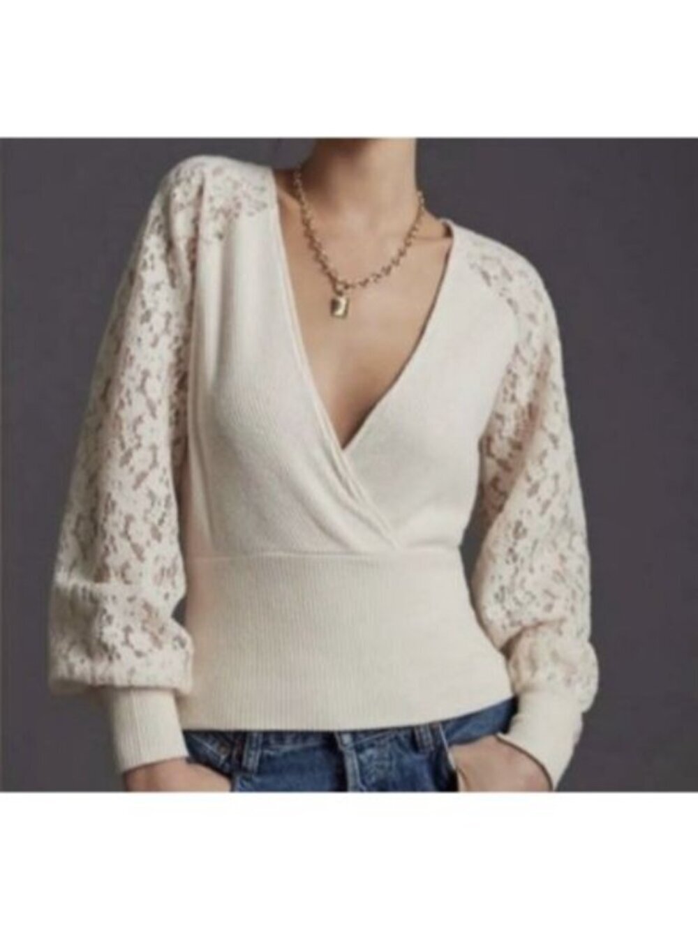 By Anthropologie Cream Floral Lace Long Sleeve Blouse Sz S Faux Wrap Deep V